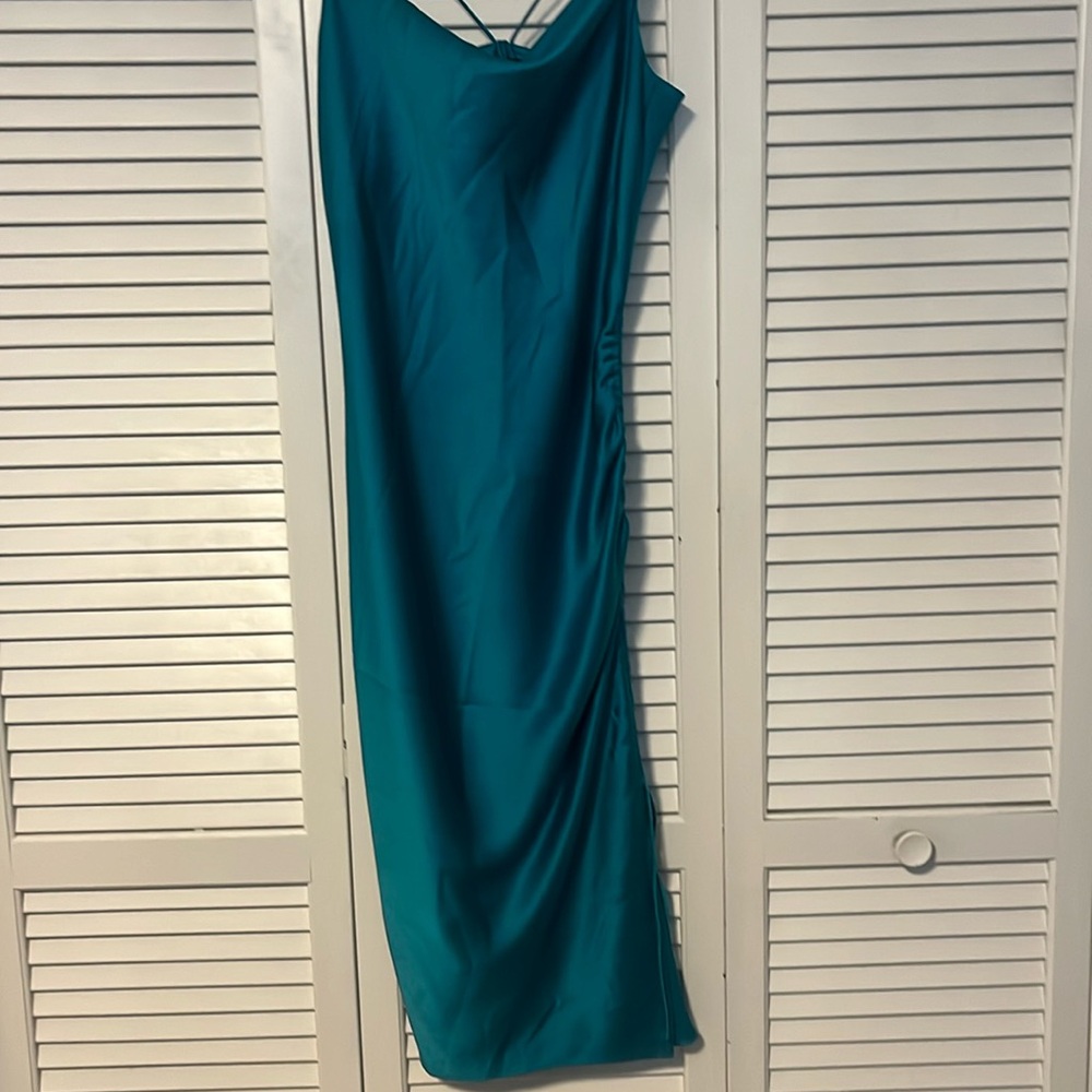 Parker Black Satin turquoise midi dress